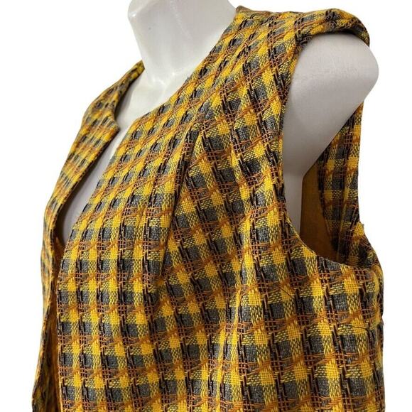 Womens Yellow Gray Tweed Plaid Open Style Vest Vintage Sleeveless Jacket sz M - Picture 12 of 16